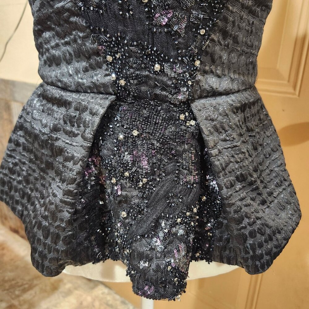 Monique Lhuillier Womens 6 Black Strapless Peplum Top Beaded Textured Zip USA - Picture 7 of 14